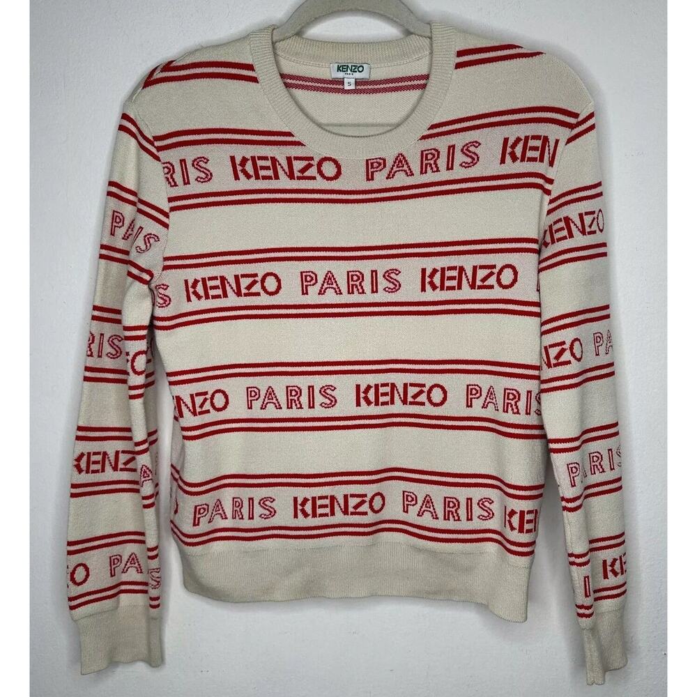 Kenzo Red & Tan Striped Woven Logo Knitted Sweater Long Sleeve Round Neck Small